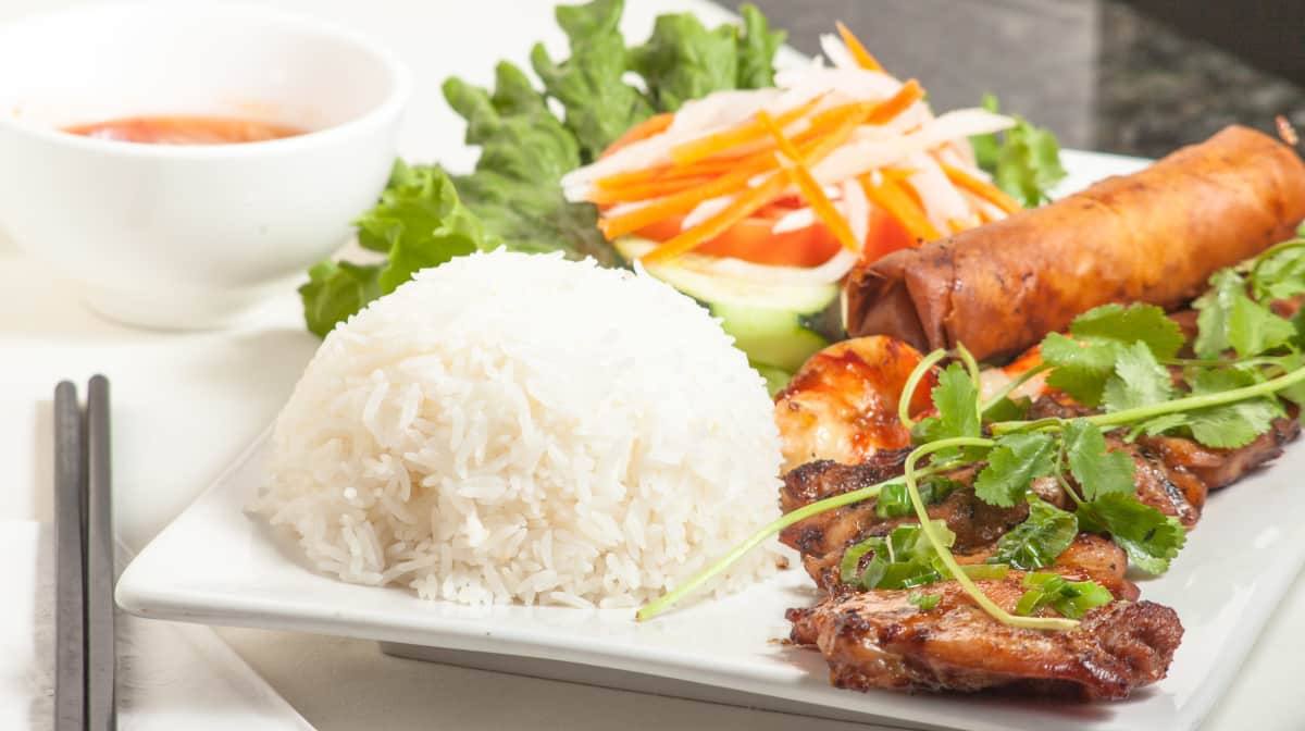 56. Cơm Tôm Gà Nướng Chả Giò (Grilled Jumbo Prawns & Chicken over Rice with Egg Rolls)