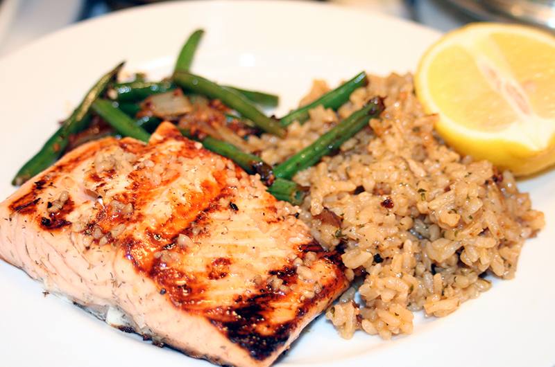 Grilled Salmon served with Rice and Veggie 